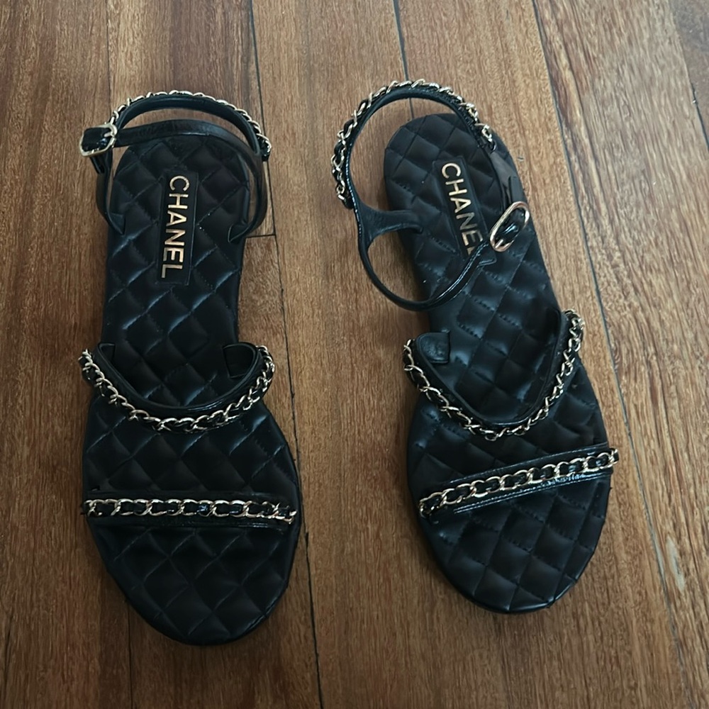 Chanel black quilted gold chain sandal